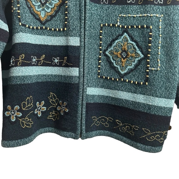 TanJay Petite Teal Navy Floral Embroidered Zip Up Cardigan Women's Size Medium - Picture 3 of 6